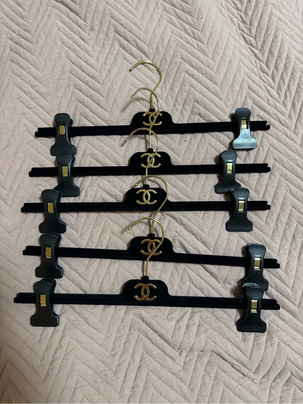 Chanel Black Velvet Clip Skirt/Pants Hangers with Gold Logo (Set of 5)